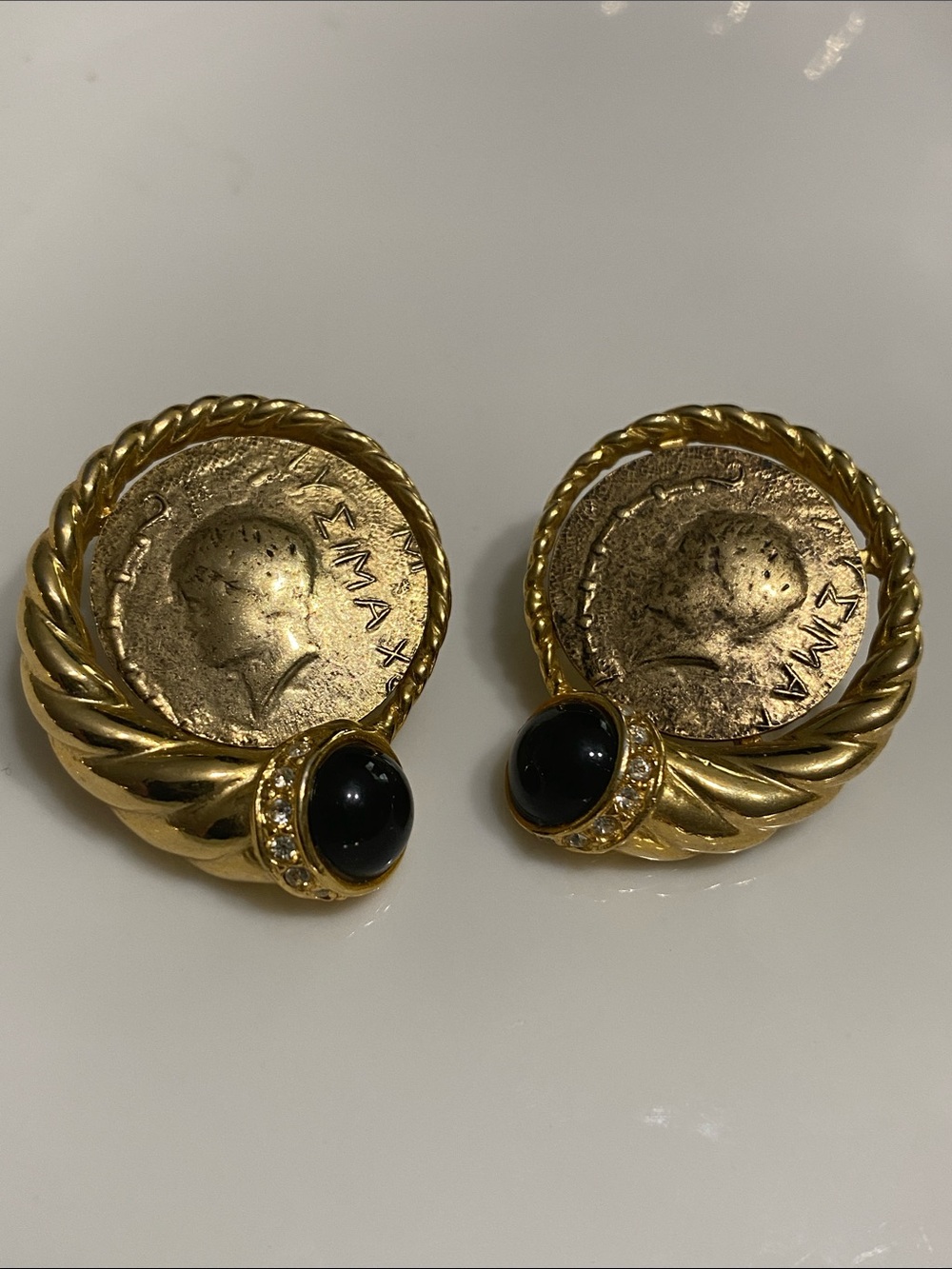 VTG Gold Greek Coin Motif Earrings with Black Cabochons